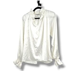 Chloe Kristyn‎ Ruffle Blouse Mock Neck Long Sleeve Top White Medium